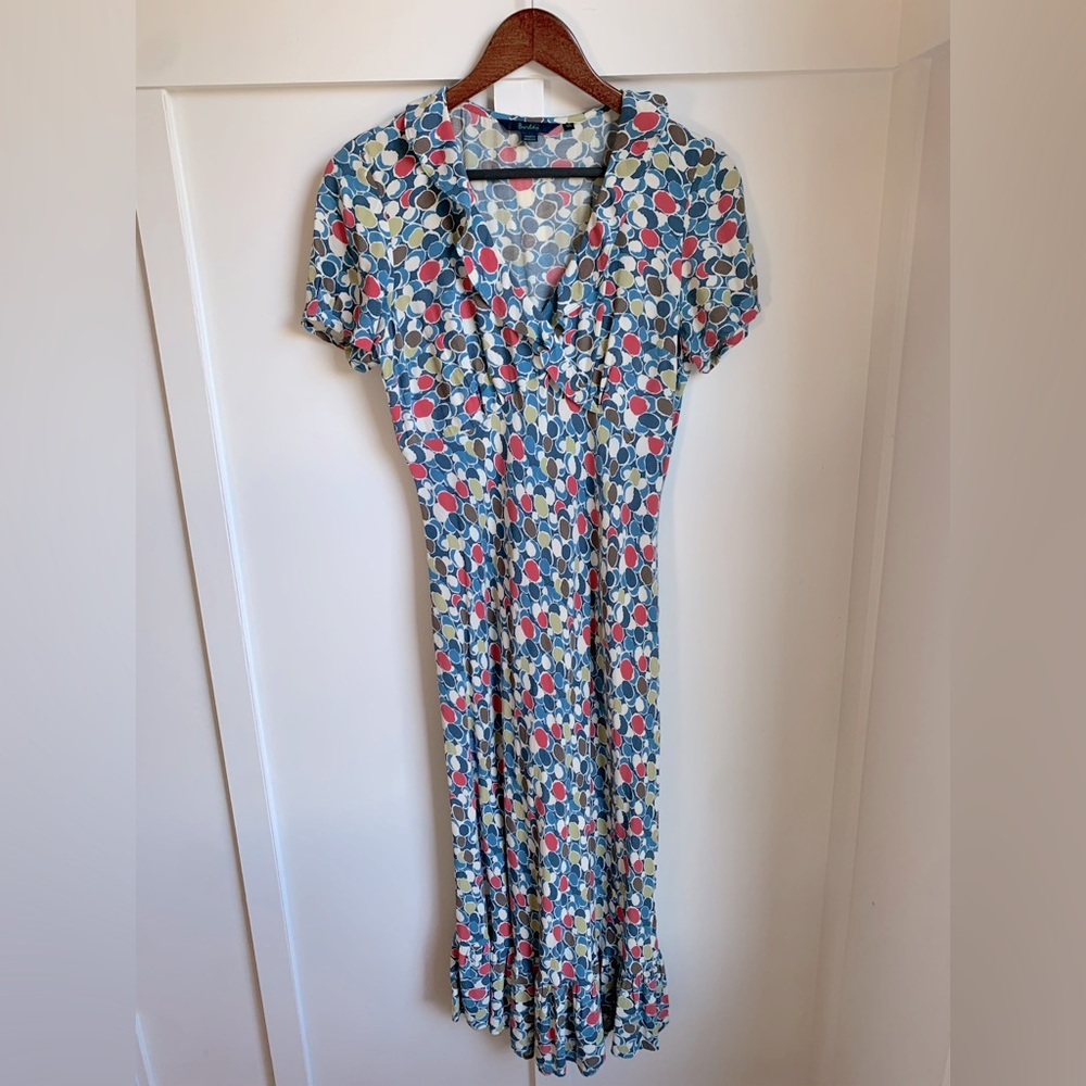 Boden Size 12 L Short Sleeve Rayon Dress Long Maxi Dot Print Ruffle Detail Slim